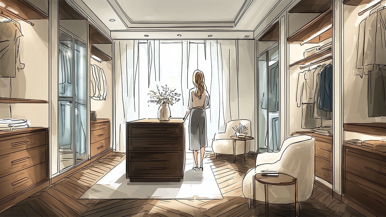 Dressing sur mesure style boutique closet avec mobilier en bois, éclairage LED intégré et îlot central