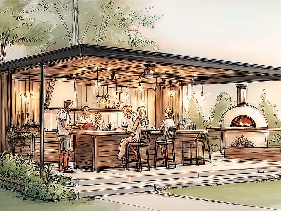 Aménagement de jardin avec pergola en aluminium et cuisine d'extérieur