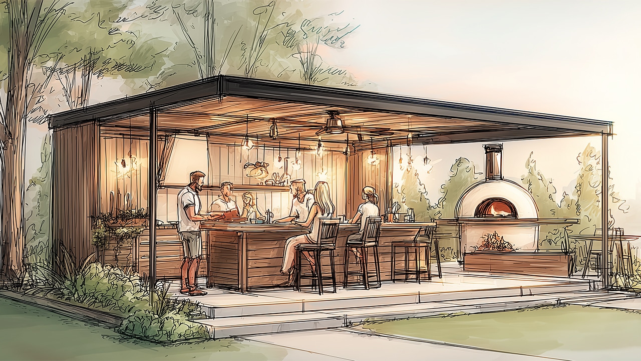 Aménagement de jardin avec pergola en aluminium et cuisine d'extérieur