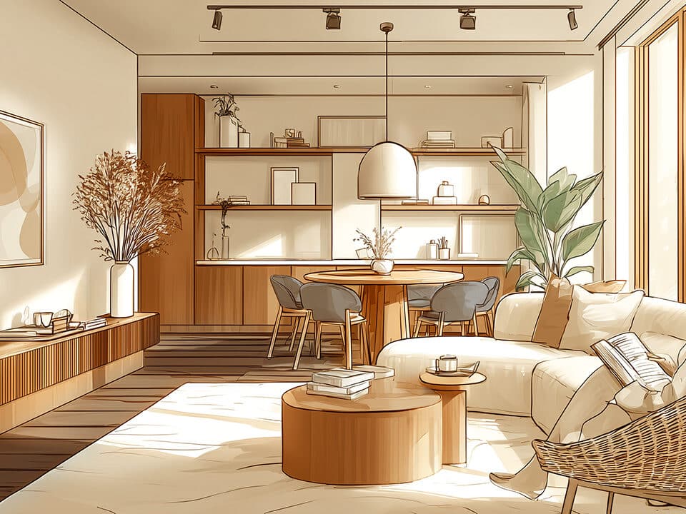 Salon minimaliste chaleureux avec mobilier en bois