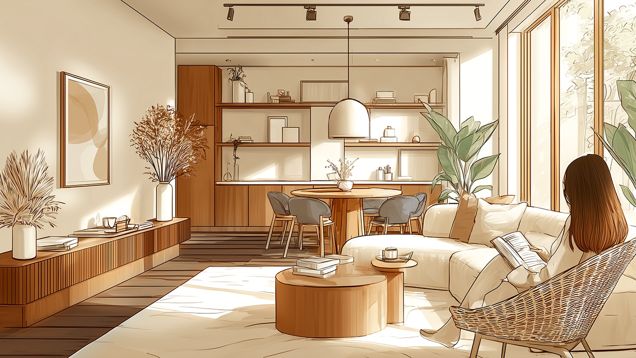 Salon minimaliste chaleureux avec mobilier en bois