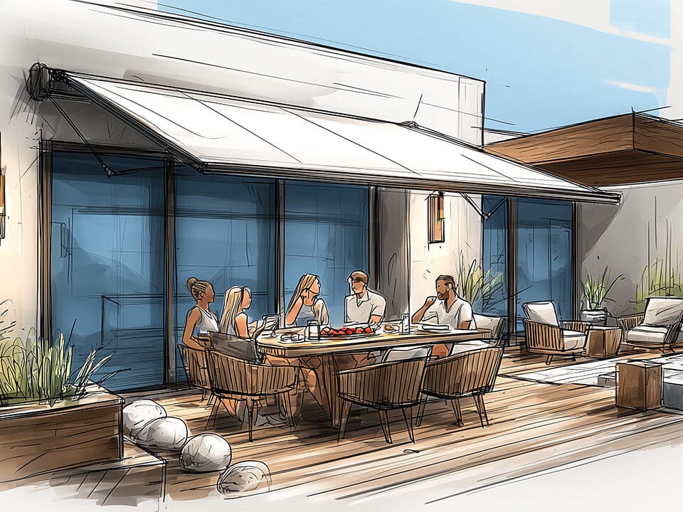 Store-banne déployé au-dessus d'une terrasse en bois avec repas convivial à l'ombre