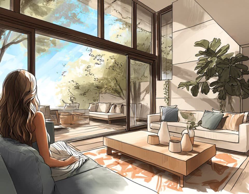 Femme assise dans son salon face à une baie vitrée à galandage ouvrant sur la terrasse et le jardin