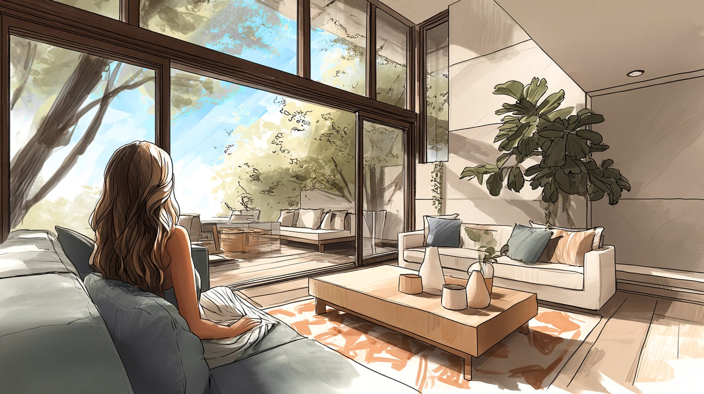 Femme assise dans son salon face à une baie vitrée à galandage ouvrant sur la terrasse et le jardin