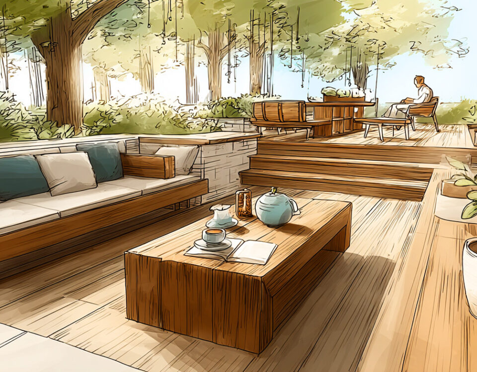 Terrasse en bois aménagée en salon d'extérieur, ombragée par les arbres d'un jardin