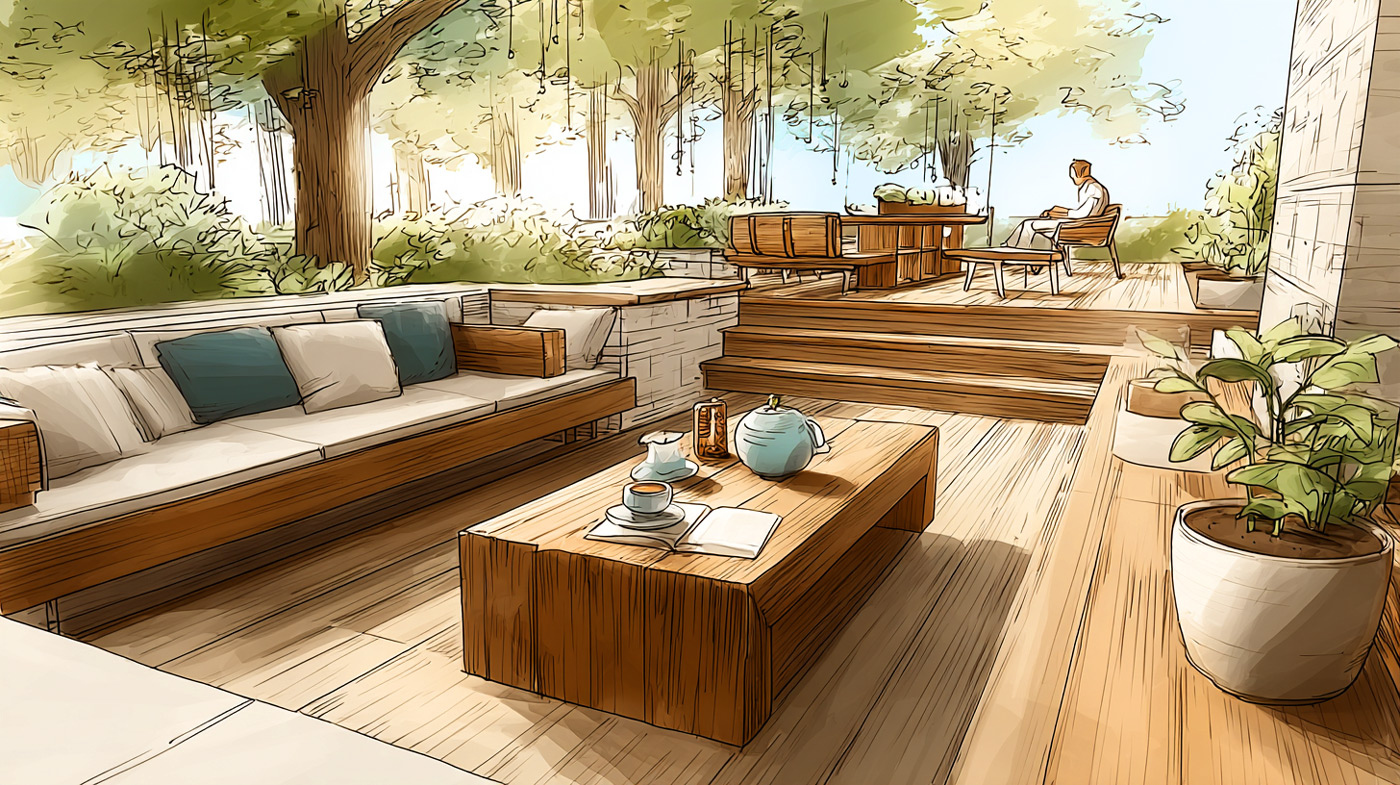 Terrasse en bois aménagée en salon d'extérieur, ombragée par les arbres d'un jardin