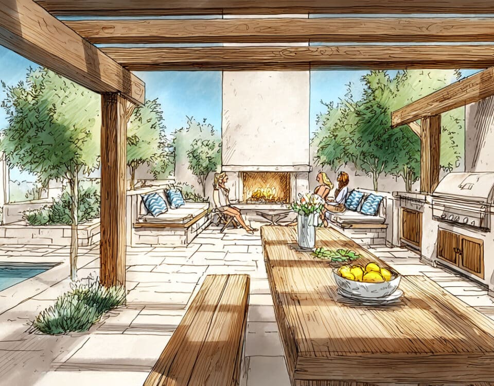 Cuisine d'extérieur sous pergola en bois avec barbecue intégré et grande table conviviale ouverte sur le jardin et la piscine.