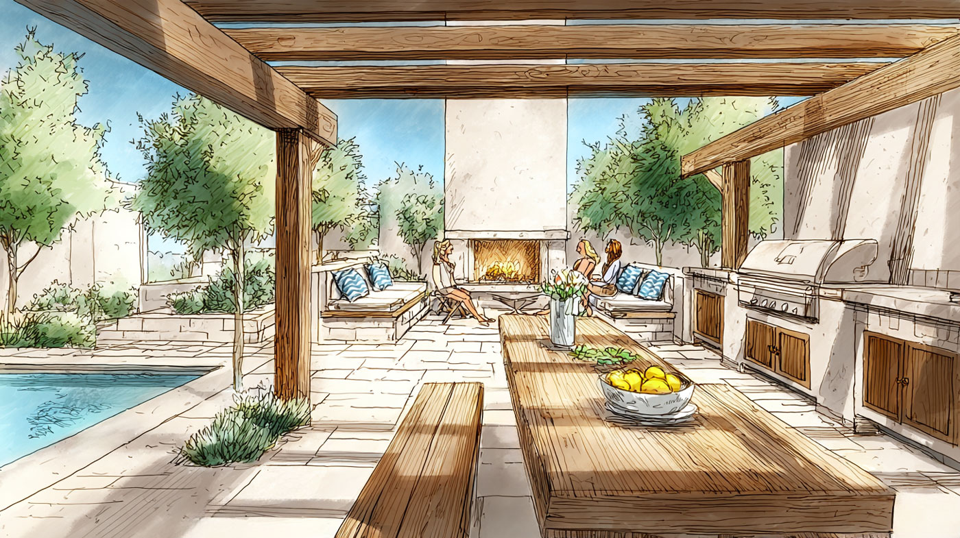 Cuisine d'extérieur sous pergola en bois avec barbecue intégré et grande table conviviale ouverte sur le jardin et la piscine.
