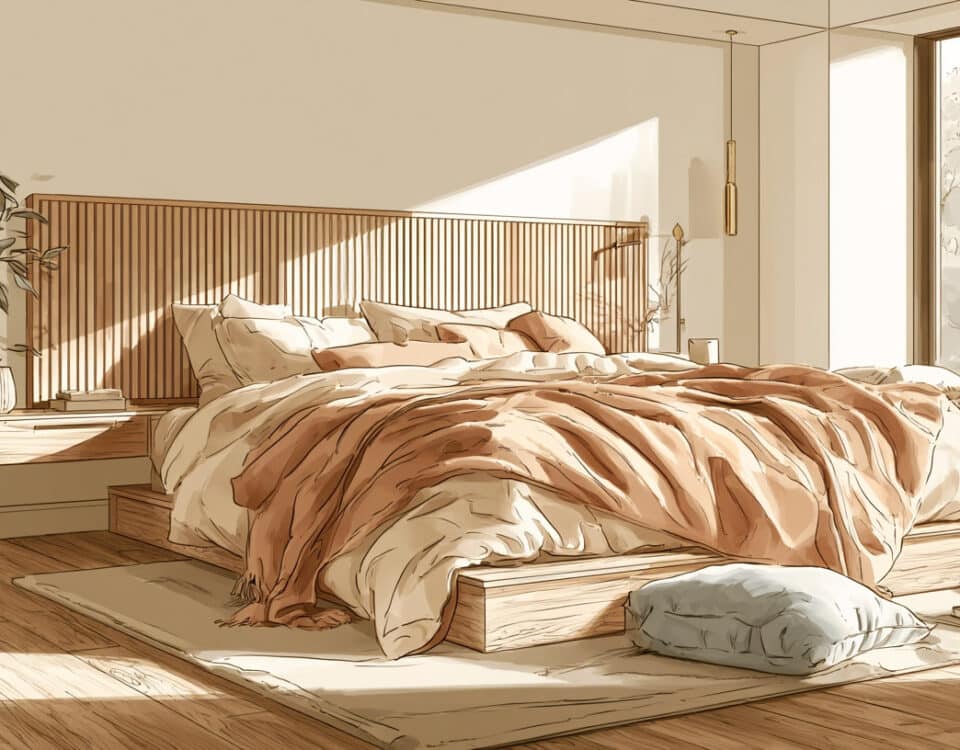 Chambre lumineuse en bois clair, tête de lit à lattes et parquet clair, lumière douce