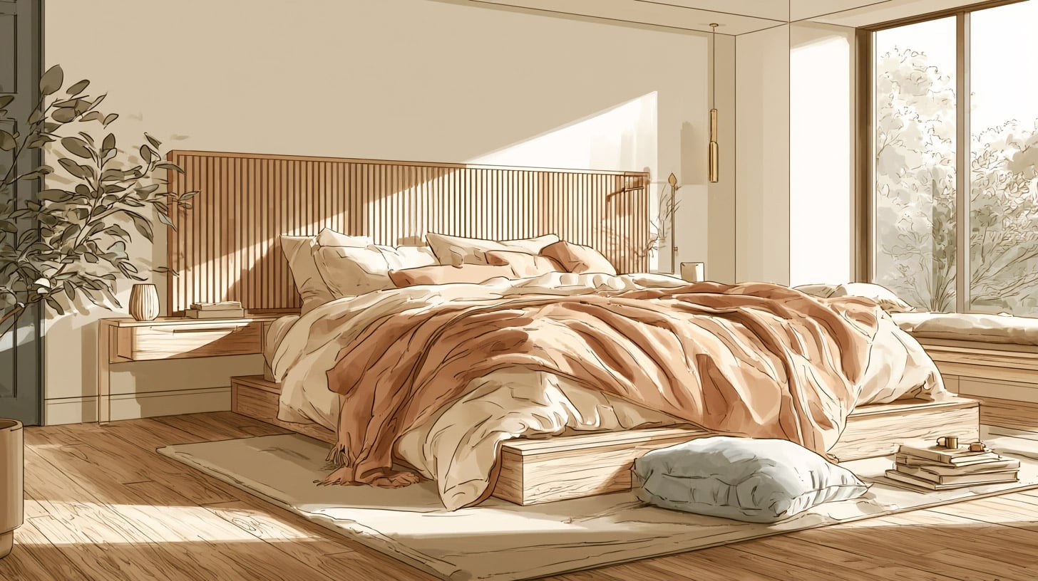 Chambre lumineuse en bois clair, tête de lit à lattes et parquet clair, lumière douce