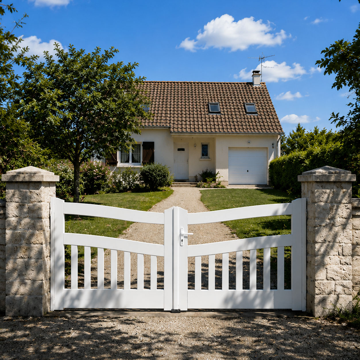 Portails PVC blanc de chez OuvertureS devant une maison Ile de France