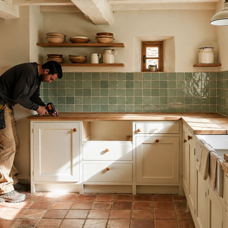 Montage d'une cuisine par un salarié Ateliers du Bois