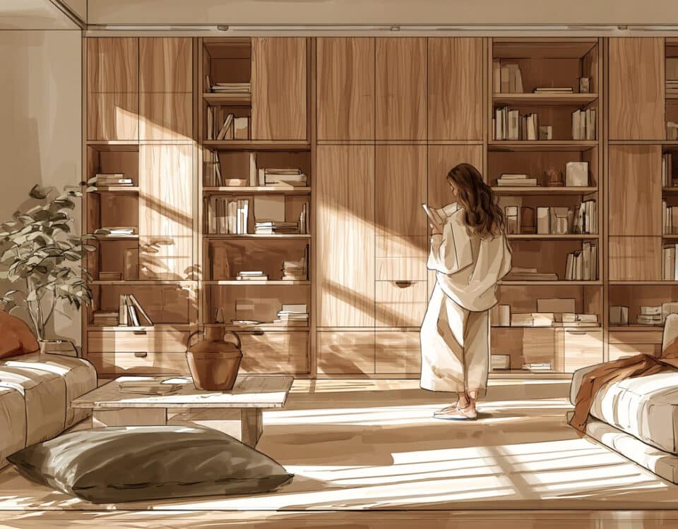 Intérieur inspiré par la tendance quiet luxury avec bibliothèque sur-mesure