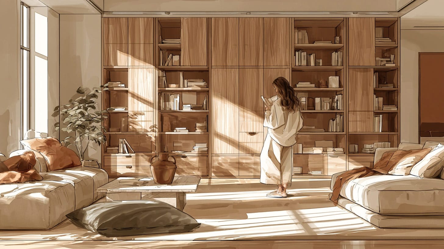 Intérieur inspiré par la tendance quiet luxury avec bibliothèque sur-mesure