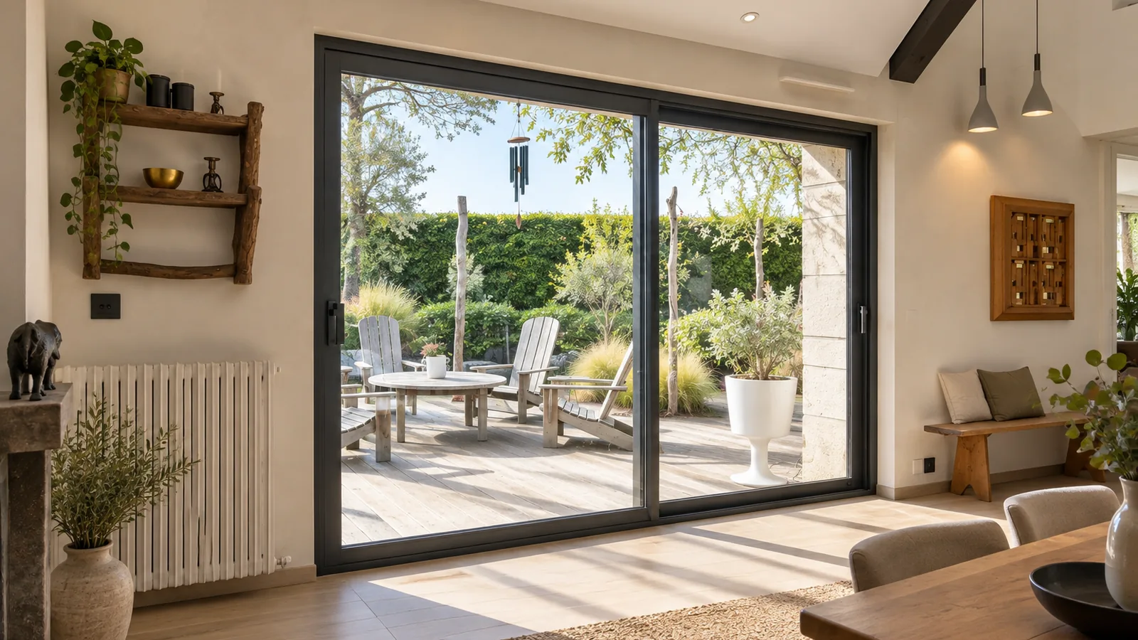 Baie coulissante aluminium gris anthracite ouverte sur une terrasse en bois