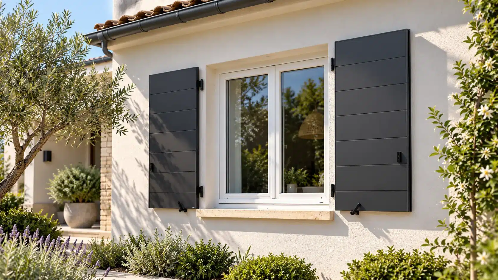 Baie coulissante aluminium gris anthracite ouverte sur une terrasse en bois